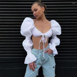 Women's Tanks Sexy Lace-up Bow Crop Tops Women Ruffle Puff Sleeve Backless Tank Top V-neck Hollow Out Folds Tube Casual Vest Streetwear