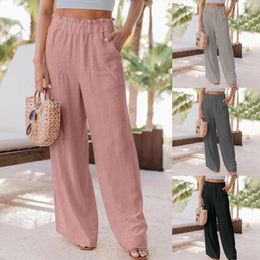 Women's Pants Casual Elastic Waisted Cotton Blended With Pockets Palazzo Solid Color H Line Loose Fit Daily Outfit Mujer