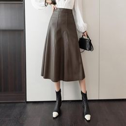 Skirts Black Leather Skirt Half Length A-line 2023 Women's Wrap Hip High Waist Umbrella