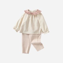 Rompers 2023 Spring Autumn Korean Baby Girls 2PCS Clothes Set Cotton Long Sleeve Loose Tops Ribbed Pants Suit Toddler Outfits 230823