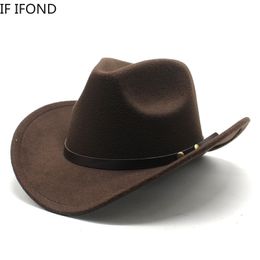 Wide Brim Hats Bucket Hats Unisex Vintage Western Cowboy Cowgirl Felt Hat With Punk Belt Winter Autumn Panama Imitation Wool Jazz Cap 230822