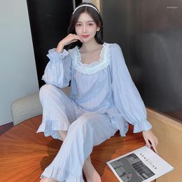 Women's Sleepwear Sweet Women Cotton Pyjamas Sets 2PCS Floral Trim Sleep Suit Sexy Square Collar Pyjamas Bud Sleeve&Flare Pant Nightwear