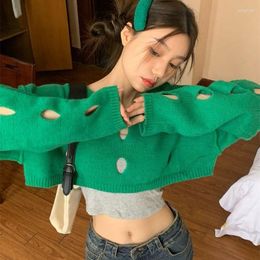 Women's Sweaters Y2k Kpop Hollow Out Cropped Green Sweater Women Vintage Streetwear Oversize Beige Jumper Korean Egirl Knitwears Female