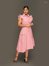 Casual Dresses 2023 Summer Women's Wear Big Swing Knee Length Elegant Fashion Turn Down Collar Butterfly Sleeve Single Breasted Vestido