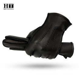 Five Fingers Gloves winter men's leather gloves hand-stitched deerskin warm wear-resistant black wave pattern Cold proof mittens 70% wool lining 230822