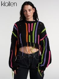 Women's Sweaters KLALIEN Fashion Casual Knit Sweater Women Autumn Simple Patchwork Colourful Tassel Pullover Sweater Female Streetwear 230822