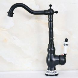 Kitchen Faucets Black Oil Rubbed Brass One Ceramic Flower Handles Bathroom Basin Sink Faucet Mixer Tap Swivel Spout Deck Mounted Mnf657