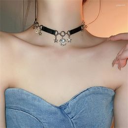 Choker FYUAN Short Black Leather Button Necklaces For Women Moon Star Pendant Jewelry