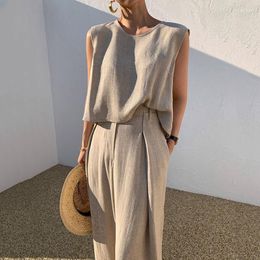 Women's Two Piece Pants Summer Women Cotton Linen Tops And Pieces Sets Fashion Casual Loose Sleeveless Top Wide Leg Suits 2