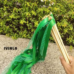 Party Decoration 50pcs/lot Green Lace Wedding Wands Ribbon Stick With Bell For