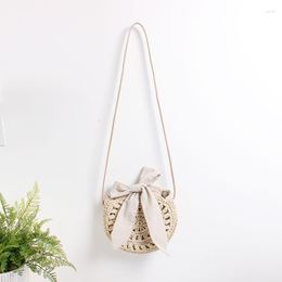 Evening Bags 24x24CM Japanese Style Straw Wrapped Woven Beach Bag Round Openwork Bow Girl Heart Messenger Female Small A5364
