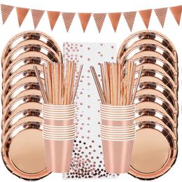 Other Event Party Supplies Rose Gold Birthday Decorations Disposable Tableware Set Paper Cup Adult Wedding Kids Babyshower Girl 230822