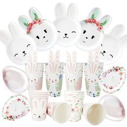 Other Event Party Supplies Happy Easter Disposable Tableware Cartoon Rabbit Bunny Shaped Plate Cup Birthday Baby Shower Decoration Kids Favour 230822