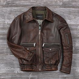 Men's Jackets Men Stone Distressed Genuine Leather Jacket Top Layer Cowhide Air Force Flight Jackets Vintage Fashion Redbrown Corium Coat 230822