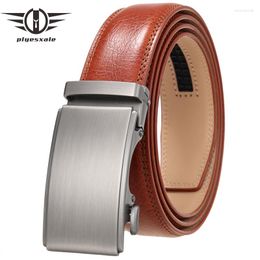 Belts Plyesxale Genuine Leather Brand Belt Men 2023 Top Quality Luxury Mens Red Brown Strap Male Metal Automatic Buckle G938