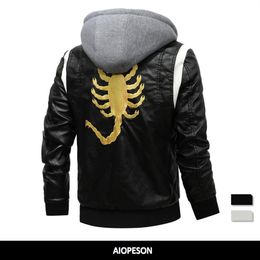 Men's Trench Coats Spring Leather Men's Jacket Removable Hoodied Scorpion Embroidery Motorcycle Jacket Men Slim Fit Leather Mens Jackets 230822