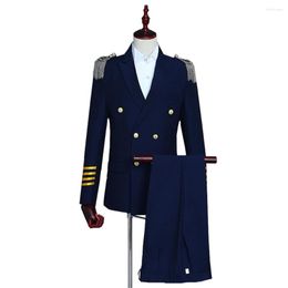 Men's Suits 2-piece Men Navy Blue White Slim Fit Blazer Jacket Pants Captain Wear Double Breasted