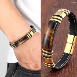 Charm Bracelets Stainless Steel Buckle Head Leather Rope Bracelet For Men Personalized Men's Tiger Eye Stone Retro Jewelry