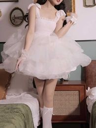 White Lace Kawaii Cute Dres Bow France Elegant Party Mini Dress Female Backless Korean Style Princess Summer 230808