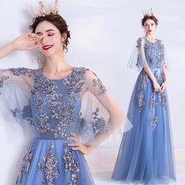 Elegant Blue Dress Mermaid Mother Of The Bride Beaded 3D Floral Appliqued Lace Short Sleeves Floor Length Custom Made Wedding Guest Dresses In Summer 403