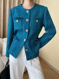 Women s Jackets Gold Button Tweed Jacket Blue Elegant Casual Weave Blazer 230822