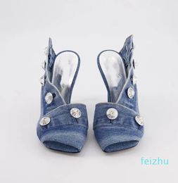 Stiletto Sandals Heels Square Head Denim Metal Studded Slippers After The Empty Belt Buckle Big Size Women's Shoes Europe and The United States