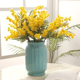 Decorative Flowers Wreaths 38cm Fake Acacia Artificial Yellow Mimosa Spray Cherry Fruit Branch Wedding Home Table Decoration Flower 230822