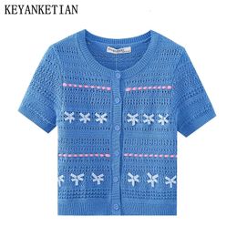 Womens Sweaters KEYANKETIAN Summer Bow Embellished Womens Knitwear Sweet Style ONeck Short Sleeve Single Breasted Short Top Royal Blue 230822