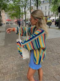 Womens Sweaters Women Crochet Striped Knit Open Stitch Sweater Vintage Colorful Long Sleeve Cardigan Coat Loose Autumn Fashion Casual Streetwear 230822