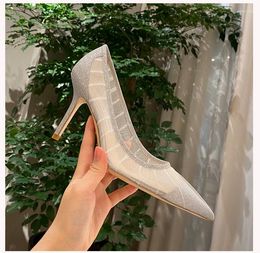 Dress Shoes Mesh Beautiful High Heels Sequins Fine Heel Pointed Fairy Sandals Lace Silver Glitter Wedding Bridesmaid