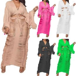 Casual Dresses Women'S V Neck Top Knitted Hollowed Out Long Sleeve Tassel Skirt Suit In For Summer