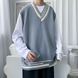 Men's Vests 2023 Mens Knit Sweater Vest Spring Sleeveless Loose Contrast V Neck Men Korean Fashion Harajuku Pullover C03
