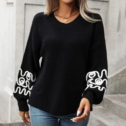 Women's Sweaters Fashion Tops 2023 Women Autumn Winter Sweater Loose V-Neck Knitted Splice Leopard Pullover Streetwear Coats