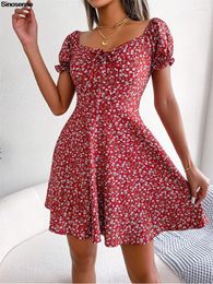 Casual Dresses Womens Floral Tie Front Mini Dress Square Neck Short Sleeve Zipper Back A Line Flare Summer Boho Beach Swing