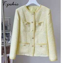 Womens Jackets Autumn Winter Yellow Wool Coats for Women Luxury Designers Elegant Oneck Single Breasted Tweed Jacket Abrigos De 230822