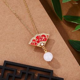 Chains Inspired Classic Chinese Style Enamel Red Fan Shaped Pendant Inlaid With Natural An Jade Bead Necklace Wedding Jewelry
