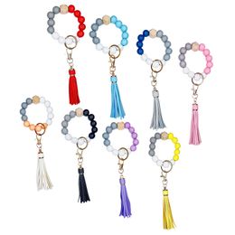 Tassel Wrist Beaded Bracelet Keychain Wooden Bead Keychain Girls Bag Decoration Key Ring Birthday Gift
