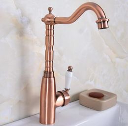 Kitchen Faucets Antique Red Copper Brass Single Ceramic Handle Bathroom Basin Sink Faucet Mixer Tap Swivel Spout Deck Mounted Mnf637