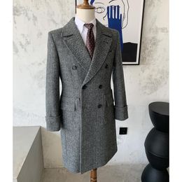 Men Blends 2023 Autumn Winter Mens Fashion Long Woollen Jackets Male Retro Casual Tweed Overcoats Men Warm Double Breasted Coats I444 230822