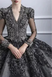Black Ball Gown Wedding Dresses Palace Style Long Tail Starry Sky Dream Long Sleeve HS3106