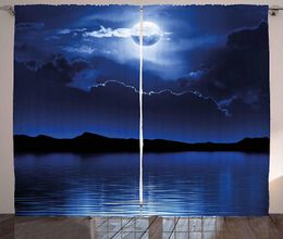 Sheer Curtains Night Fantasy Moon and Clouds Over Calm Water Seascape Dramatic Cloudy Dark Sky Living Room Bedroom Window Decor 230822