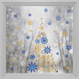 Window Stickers Kizcozy Creative Art Blue And Gold Snowflakes Christmas Tree Decals Reusable Static Cling Film For Home Decoration