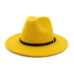 2020 Wide Brim Fedoras Men Wool Felt Hats Khaki Casual Jazz Hat Women Large Brim Solid Belt Autumn Fashion Fedora Caps Black2556