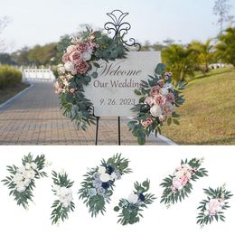 Decorative Flowers Wreaths Yan Artificial Wedding Arch Flowers Kit Boho Dusty Rose Blue Eucalyptus Garland Drapes for Wedding Decorations Welcome Sign 230823