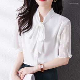 Women's Blouses Fashion Women Blouse Elegant White Bow Lace-up Single-breasted Short Sleeve Top Summer 2023 Office Lady Formal Shirts