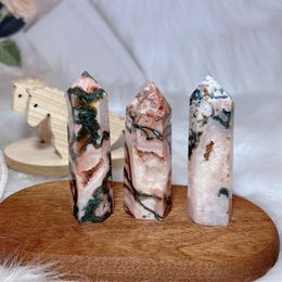 Decorative Figurines Natural Crystal Carnelian Moss Agate Tower Druzy High Quality Point Mineral Healing Home Decoration Reiki Ornament Gift