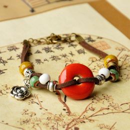 Link Bracelets Double Leather Ceramic Beads Bracelet Women Men Ethnic Alloy Flower Pendants Charm Lucky Jewellery Adjustable Chains