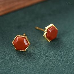 Dangle Earrings Silver Inlaid Natural Southern Red Hexagon Chinese Style Retro Fresh And Elegant Ethnic Minority Design Female Jewellery