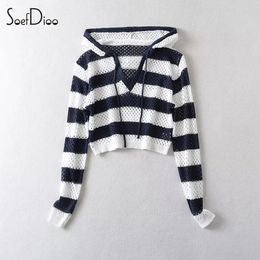 Womens Sweaters Soefdioo Striped Knitted Cutout Hooded Crop Top Sexy See Through Long Sleeve Pullover Sweater Women Fall Fashion Streetwear 230822