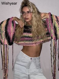 Womens Sweaters Women Full Flare Sleeve Pullovers Crop Tops Vacation Beach Cover Ups Streetwear Jumpers Rainbow Tassel Knitted Loose 230822